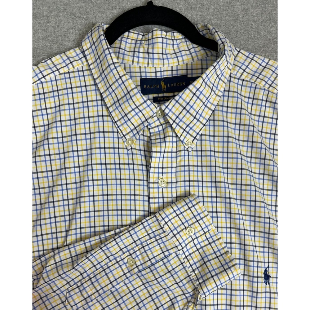 Ralph Lauren Performance Shirt 3XLT Yellow Blue Plaid Button Up Long Sleeve